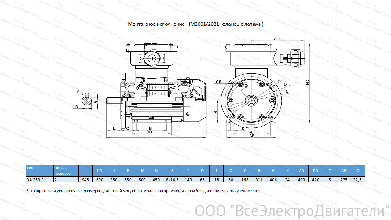 Электродвигатель ЭЛМАШ ВА 250 S2 IM2081 1ExdIIBT4 У2 Б01 (75 кВт 3000 об/мин)2002515